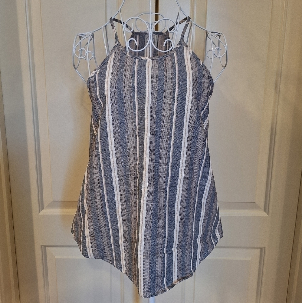 Paper Crane High Neck Striped Boho Lino Tank Top Sleeveless Blue Print Blouse